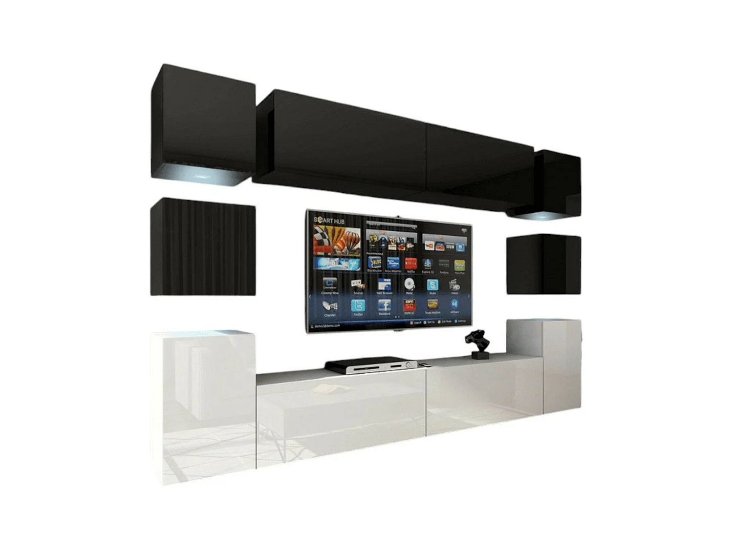 Ensemble meubles de salon suspendus haut noir, bas blanc, collection CEPTO XIV 256 cm, 10 meubles, LEDs