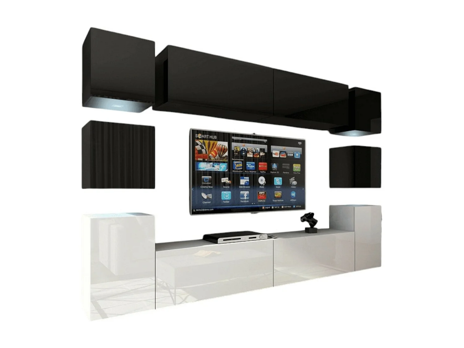 Ensemble meubles de salon suspendus haut noir, bas blanc, collection CEPTO XIV 256 cm, 10 meubles, LEDs