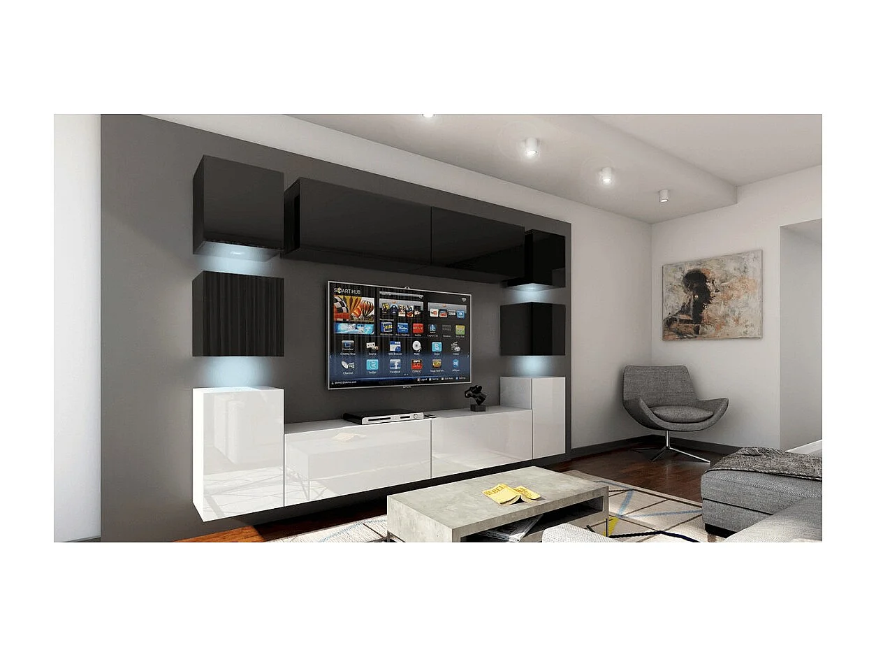 Ensemble meubles de salon suspendus haut noir, bas blanc, collection CEPTO XIV 256 cm, 10 meubles, LEDs