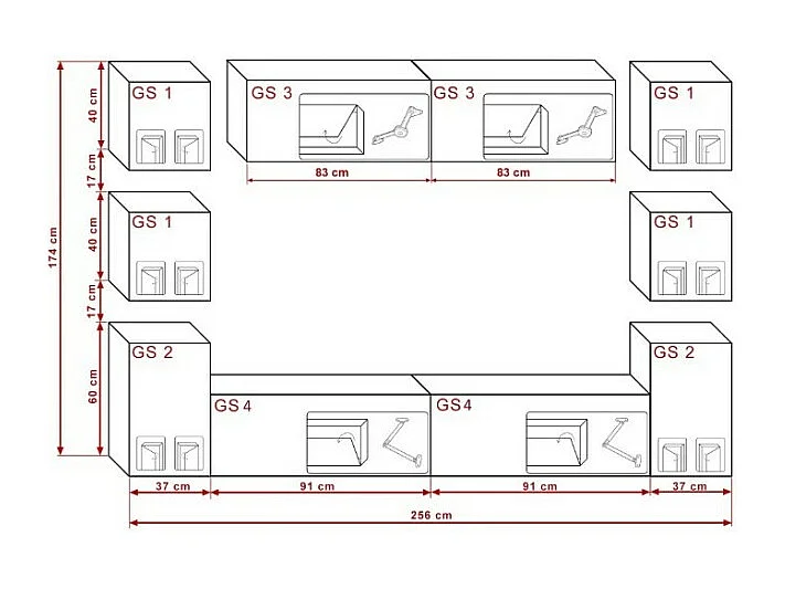 Ensemble meubles de salon suspendus haut noir, bas blanc, collection CEPTO XIV 256 cm, 10 meubles, LEDs