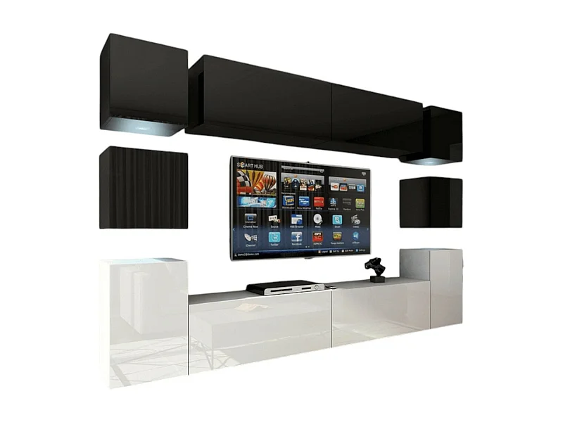 Ensemble meubles de salon suspendus haut noir, bas blanc, collection CEPTO XIV 256 cm, 10 meubles, LEDs