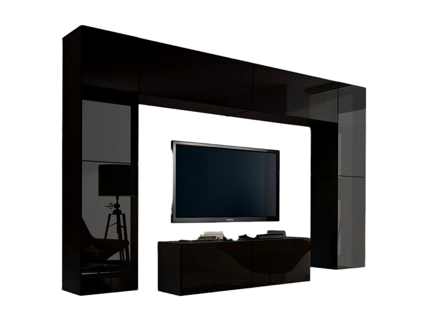 Conjunto de muebles de sala negros suspendidos colección CEPTO III 256cm, 8 puertas, 8 estantes, leds, modulares.