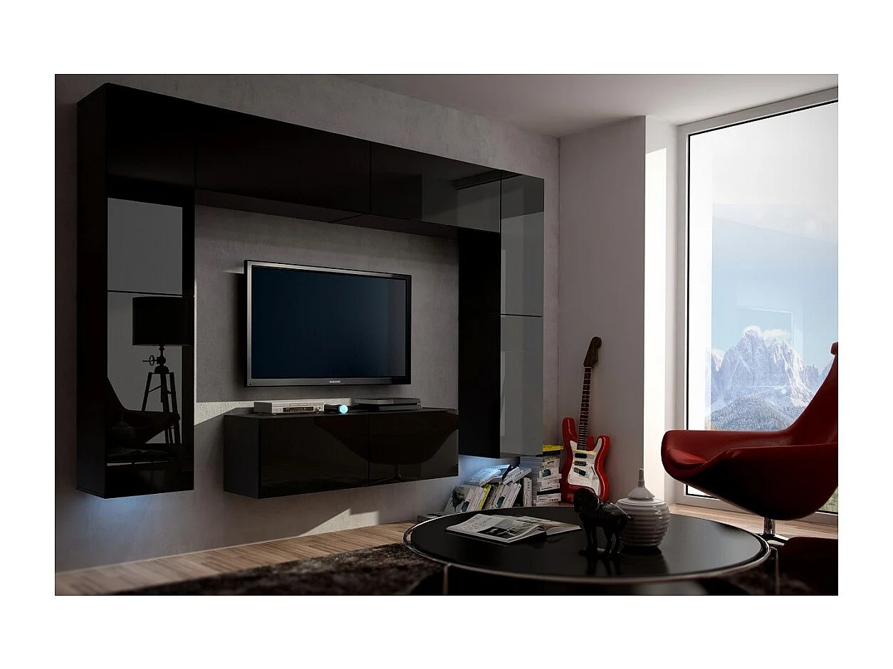 Conjunto de muebles de sala negros suspendidos colección CEPTO III 256cm, 8 puertas, 8 estantes, leds, modulares.