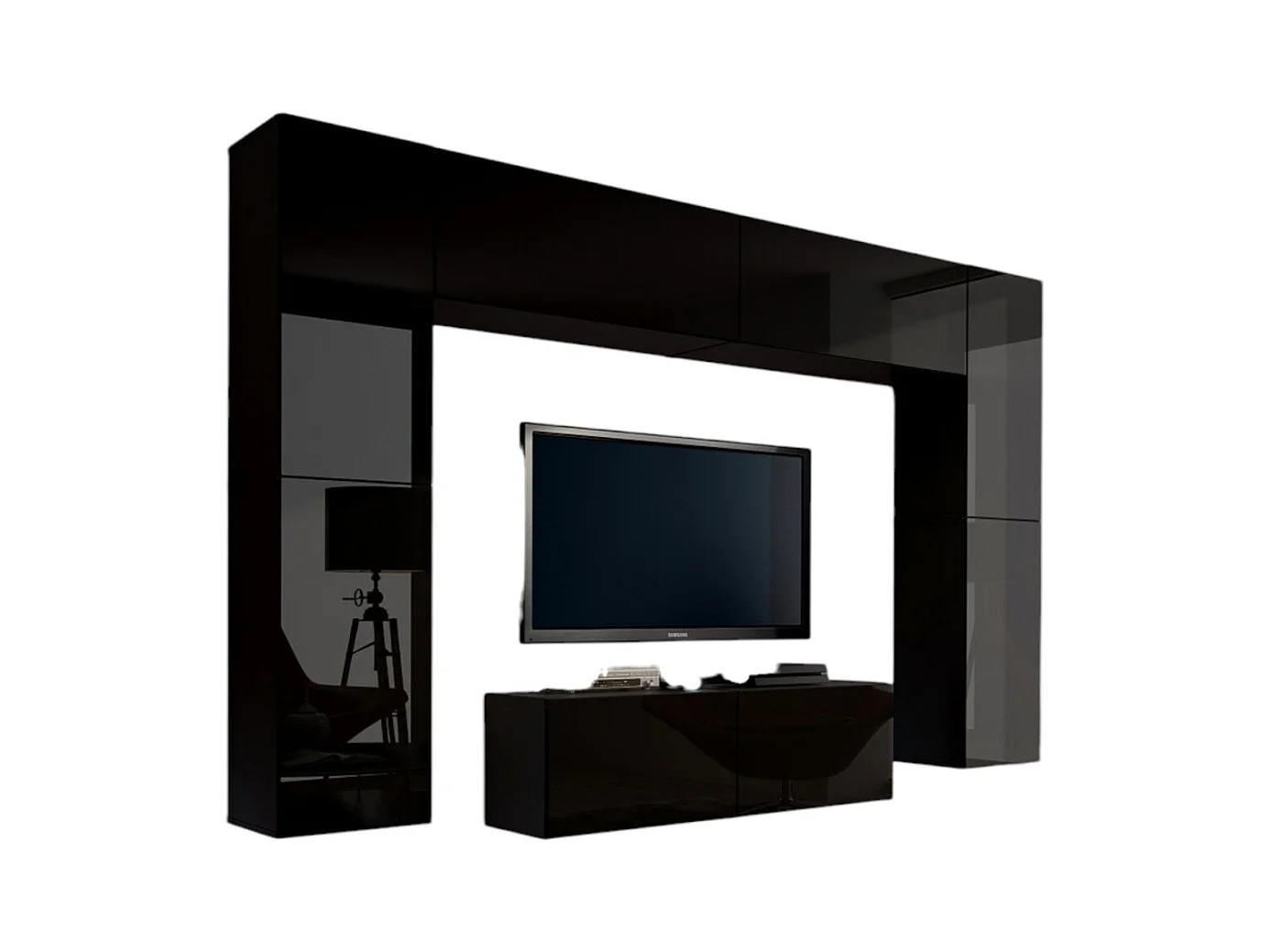 Ensemble de meubles de salon noir suspendus collection CEPTO III 256cm, 8 portes, 8 étagères, leds, modulables.