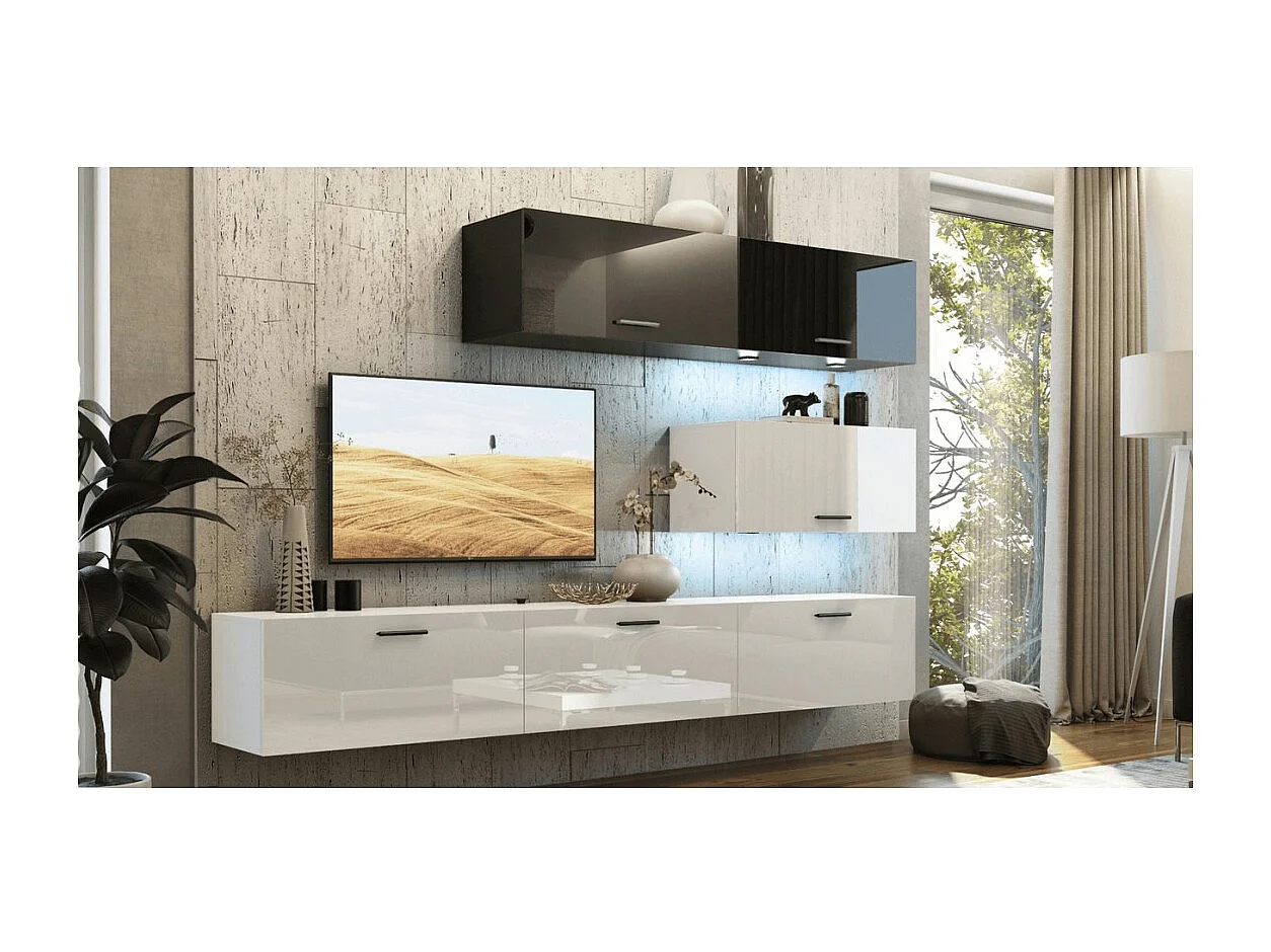 Conjunto de muebles de sala blanco y negro, colgantes colección CEPTO XXV. 249cm, 6 muebles, leds, modulares.