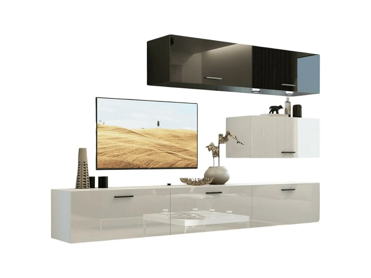 Woonkamerset in zwart en wit, zwevend, collectie CEPTO XXV. 249cm, 6 meubelstukken, LED-verlichting, modulair.