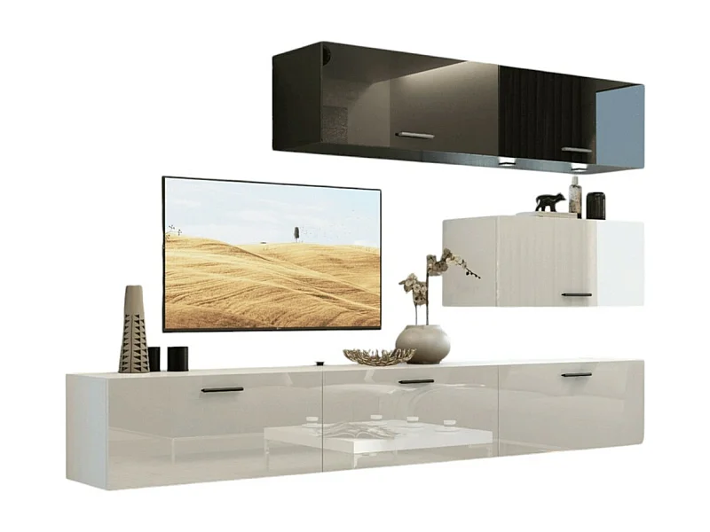 Conjunto de móveis para sala de estar branco e preto, suspensos, coleção CEPTO XXV. 249cm, 6 móveis, com LEDs, modulares.