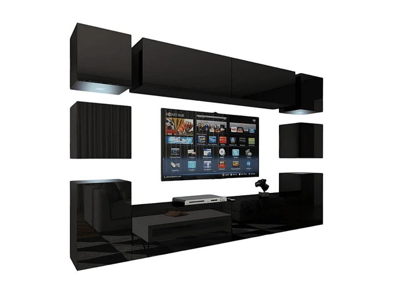 Ensemble de meubles de salon noir suspendus collection CEPTO XIV. 256cm, 10 meubles, 10 portes, leds