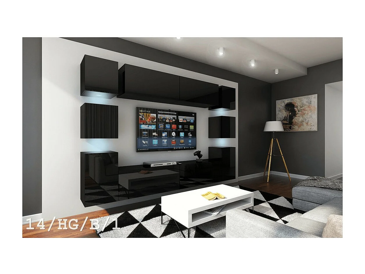 Conjunto de móveis de sala de estar pretos suspensos coleção CEPTO XIV. 256cm, 10 móveis, 10 portas, leds.