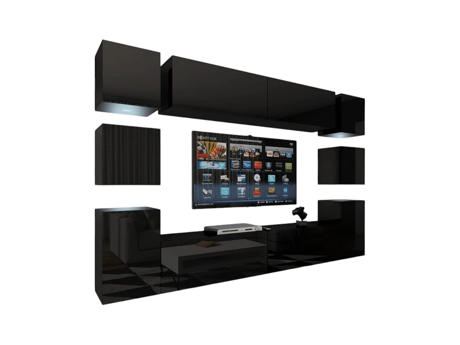 Ensemble de meubles de salon noir suspendus collection CEPTO XIV. 256cm, 10 meubles, 10 portes, leds
