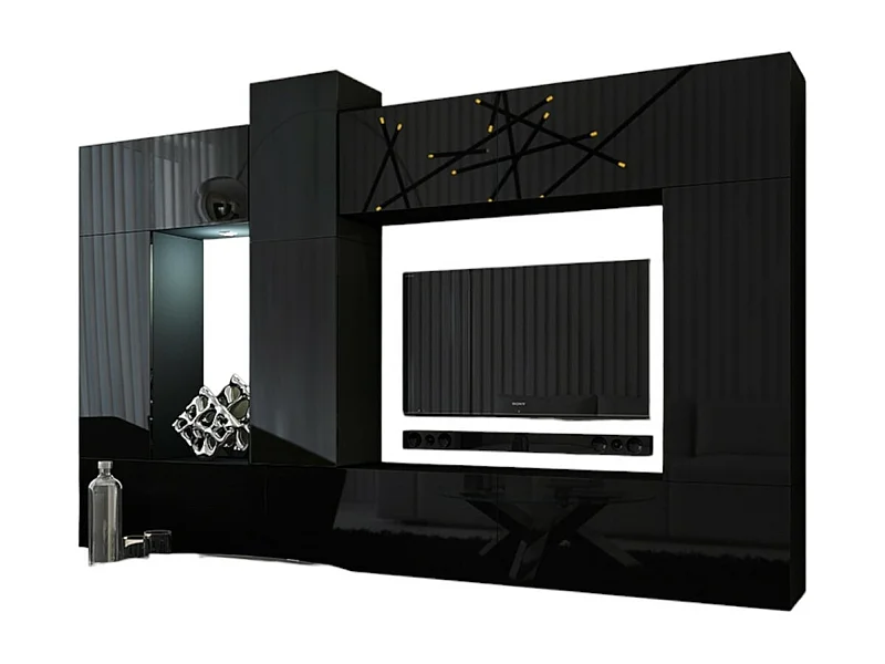 Ensemble de meubles de salon noir suspendus collection CEPTO XXII. 273cm, 10 meubles, leds, modulables.