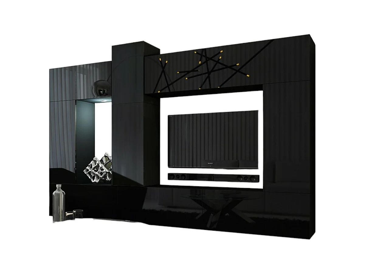 Ensemble de meubles de salon noir suspendus collection CEPTO XXII. 273cm, 10 meubles, leds, modulables.