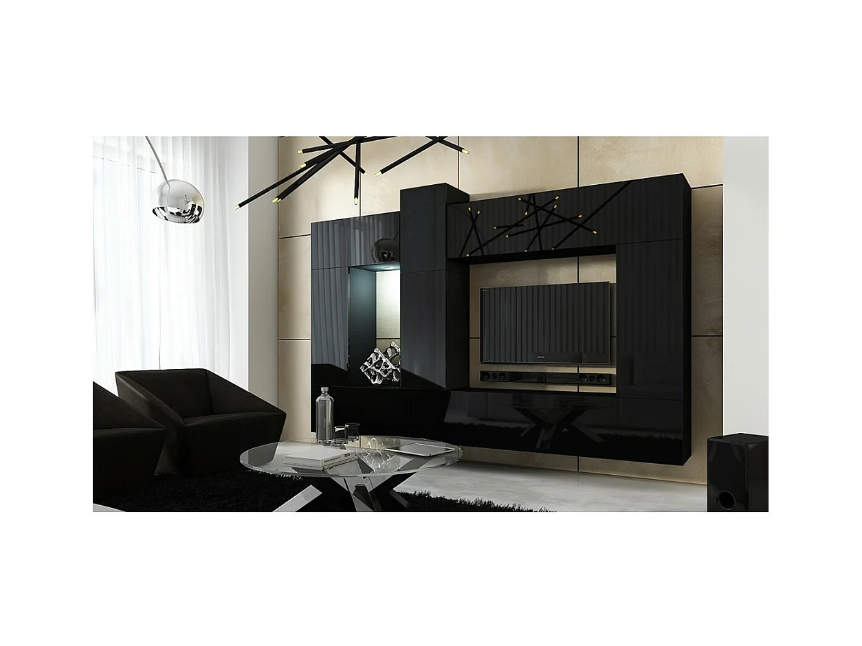 Conjunto de móveis de sala de estar pretos suspensos coleção CEPTO XXII. 273cm, 10 móveis, leds, modulares.