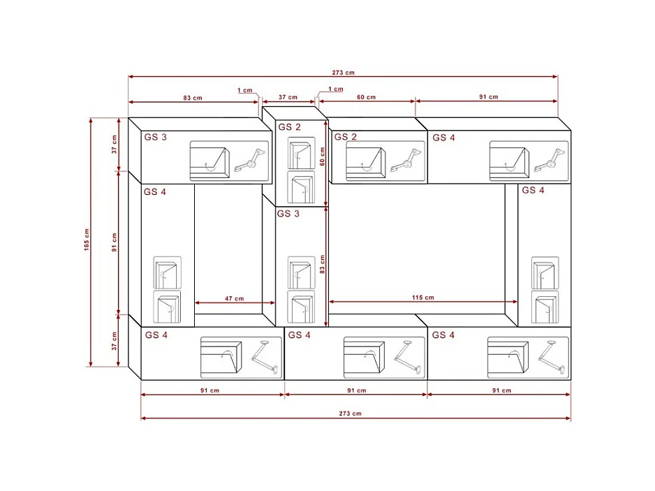 Conjunto de móveis de sala de estar pretos suspensos coleção CEPTO XXII. 273cm, 10 móveis, leds, modulares.