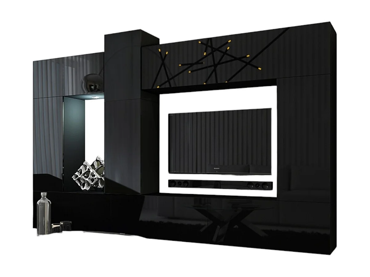 Ensemble de meubles de salon noir suspendus collection CEPTO XXII. 273cm, 10 meubles, leds, modulables.