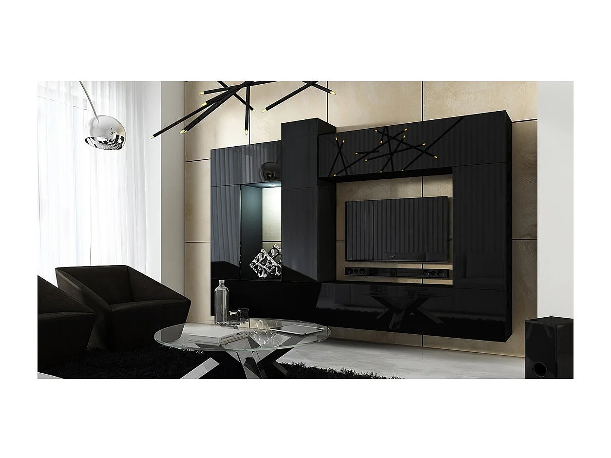Ensemble de meubles de salon noir suspendus collection CEPTO XXII. 273cm, 10 meubles, leds, modulables.