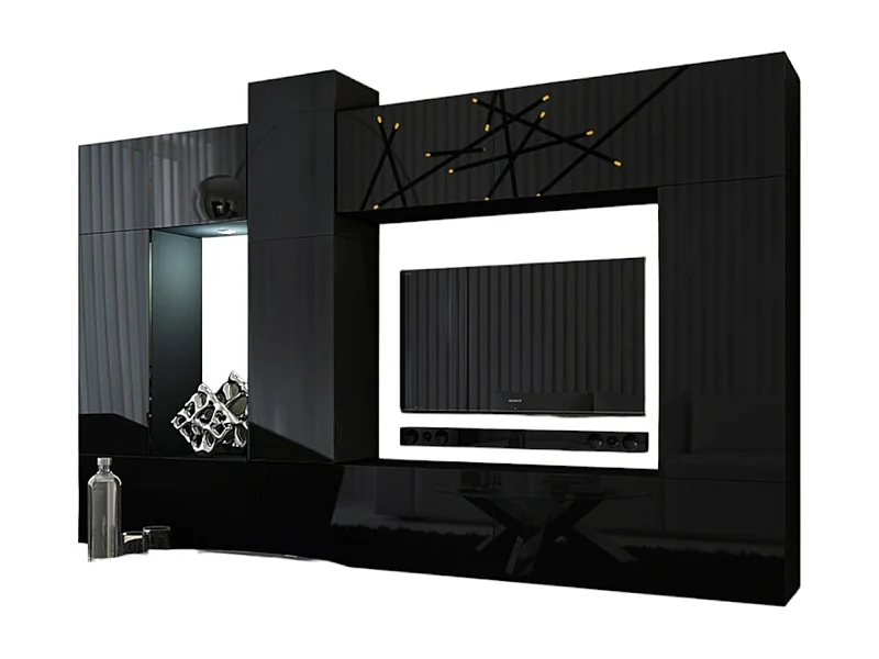 Ensemble de meubles de salon noir suspendus collection CEPTO XXII. 273cm, 10 meubles, leds, modulables.