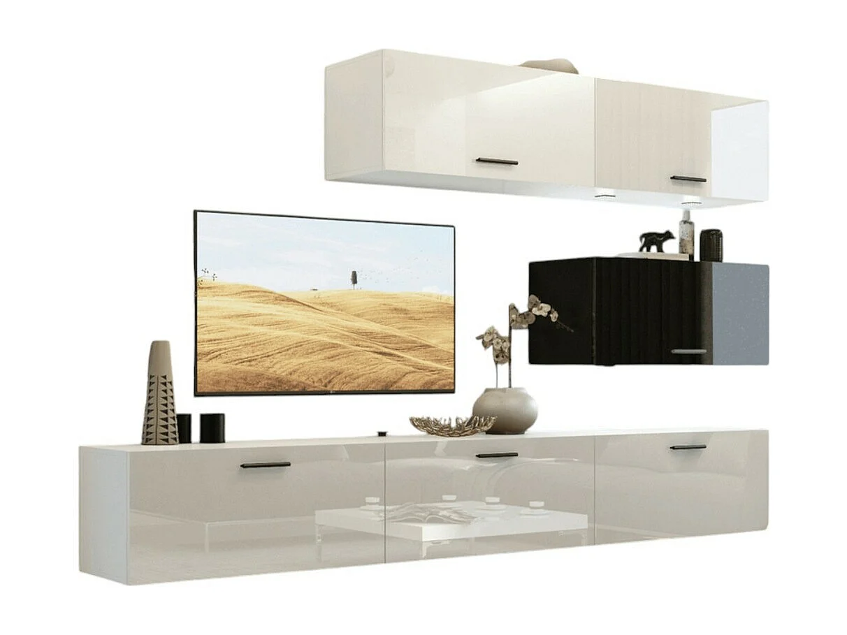 Conjunto de muebles de sala blanco y negro, colgantes colección CEPTO XXV. 249cm, 6 muebles, leds, modulares.
