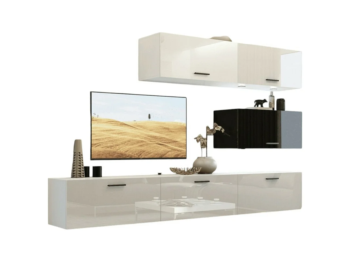 Ensemble de meubles de salon blanc et noir, suspendus collection CEPTO XXV. 249cm, 6 meubles, leds, modulables.