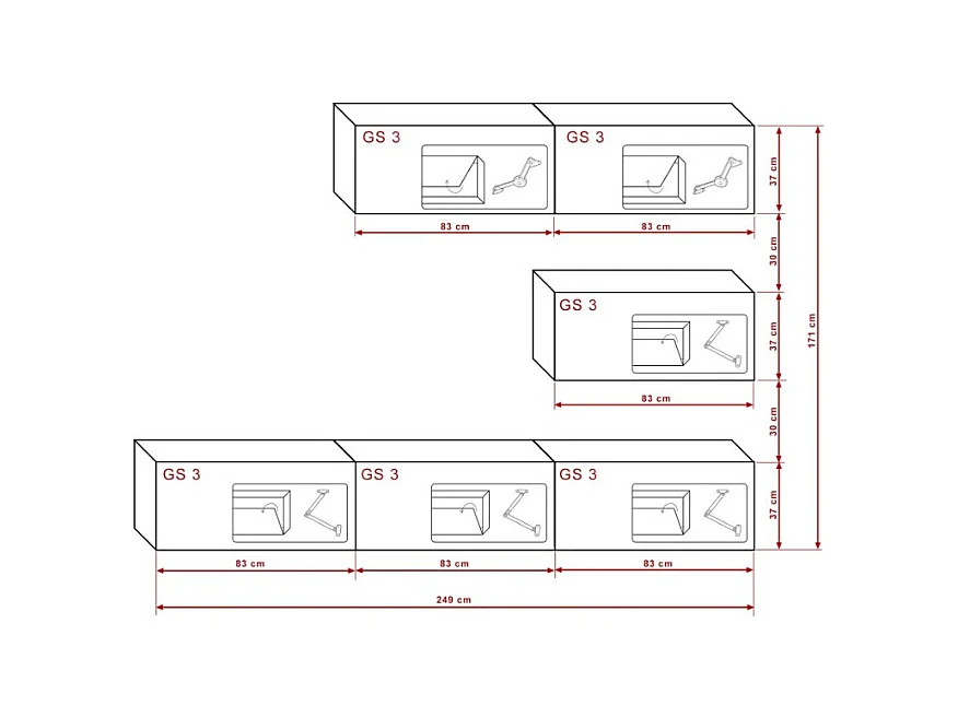 Conjunto de móveis para sala de estar branco e preto, suspensos, coleção CEPTO XXV. 249cm, 6 móveis, com LEDs, modulares.