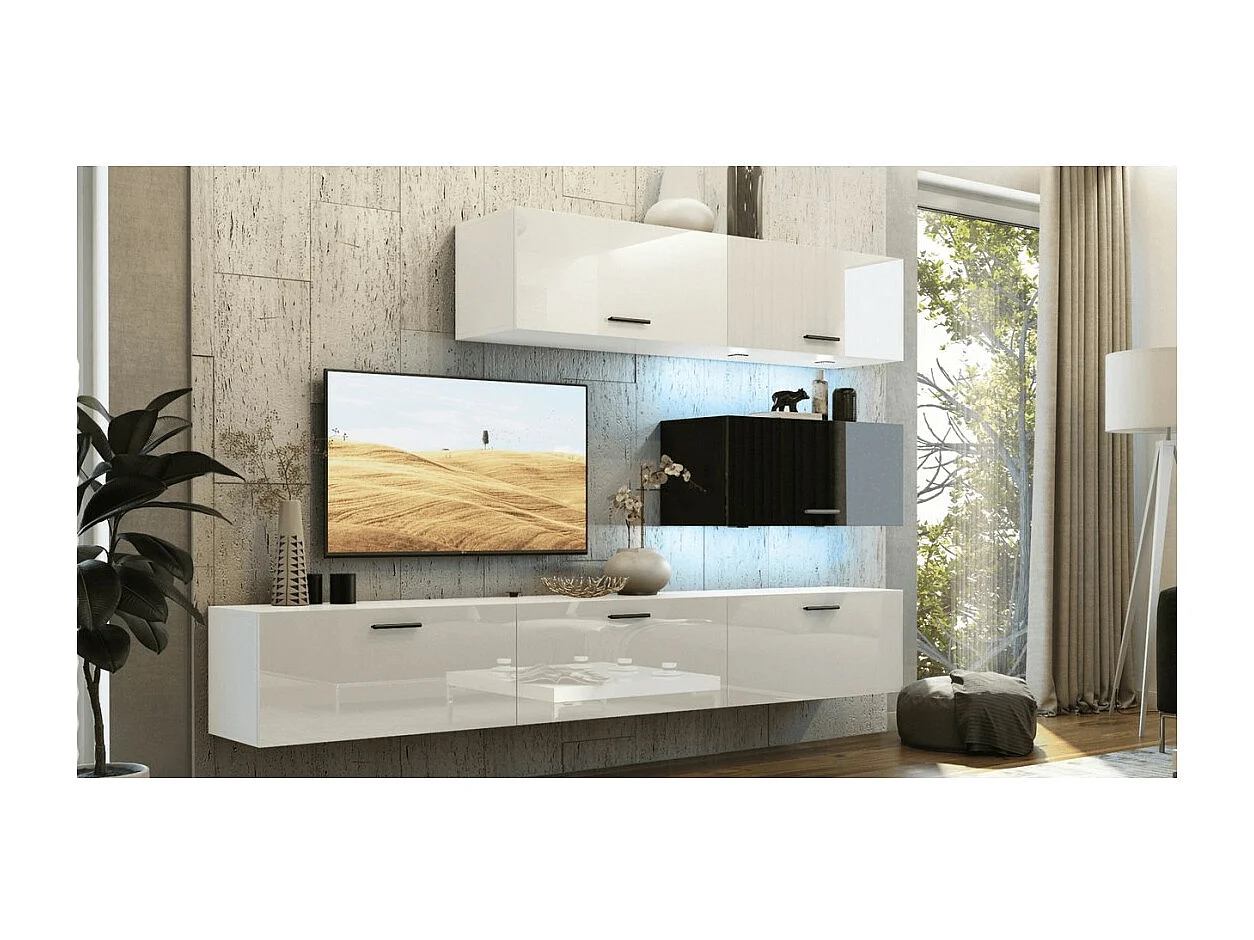 Conjunto de móveis para sala de estar branco e preto, suspensos, coleção CEPTO XXV. 249cm, 6 móveis, com LEDs, modulares.
