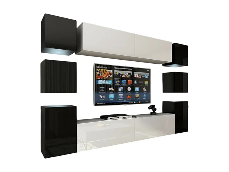 Conjunto de móveis de sala de estar preto e branco suspensos coleção CEPTO XIV. 256cm, 10 móveis, 10 portas, leds.
