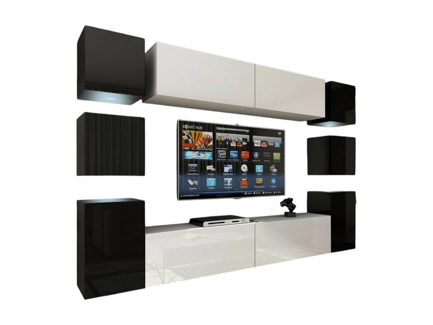 Conjunto de móveis de sala de estar preto e branco suspensos coleção CEPTO XIV. 256cm, 10 móveis, 10 portas, leds.