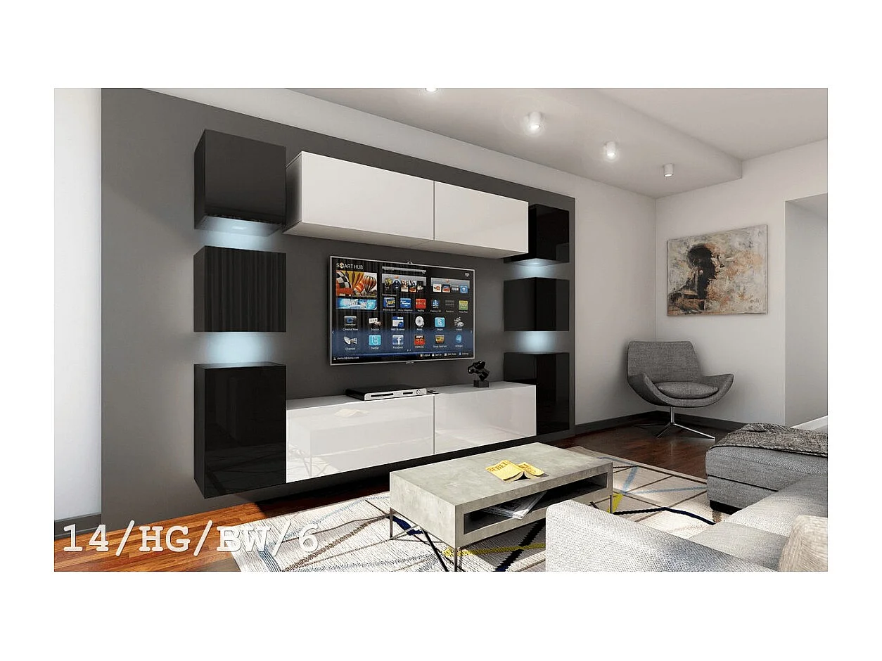 Conjunto de móveis de sala de estar preto e branco suspensos coleção CEPTO XIV. 256cm, 10 móveis, 10 portas, leds.