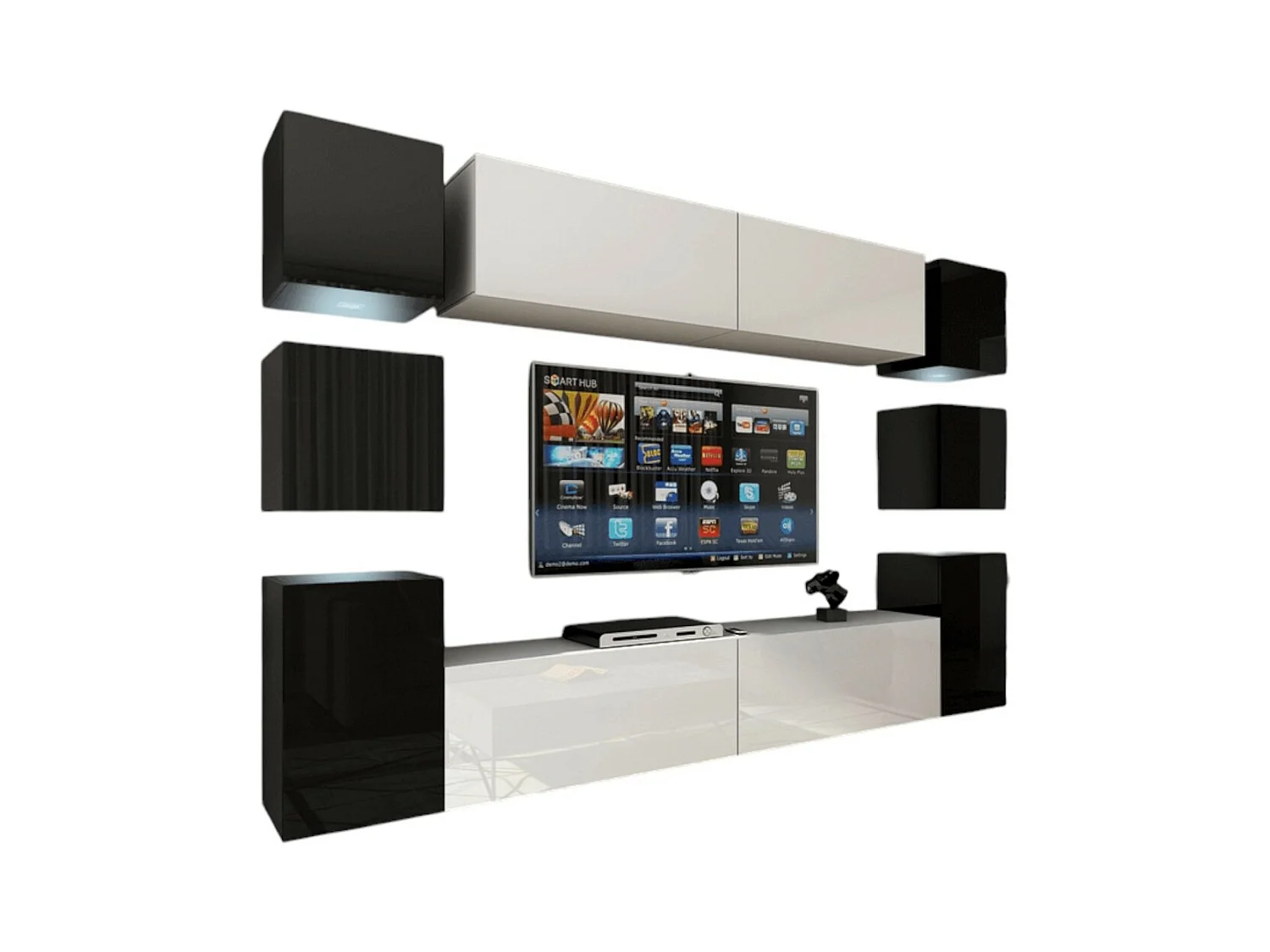 Ensemble de meubles de salon noir et blanc suspendus collection CEPTO XIV. 256cm, 10 meubles, 10 portes, leds