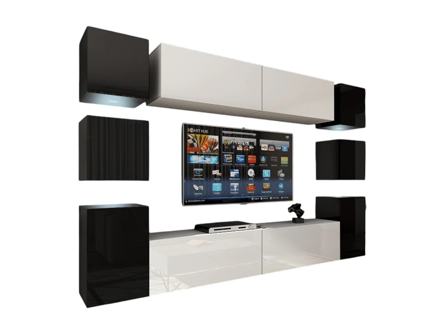 Ensemble de meubles de salon noir et blanc suspendus collection CEPTO XIV. 256cm, 10 meubles, 10 portes, leds