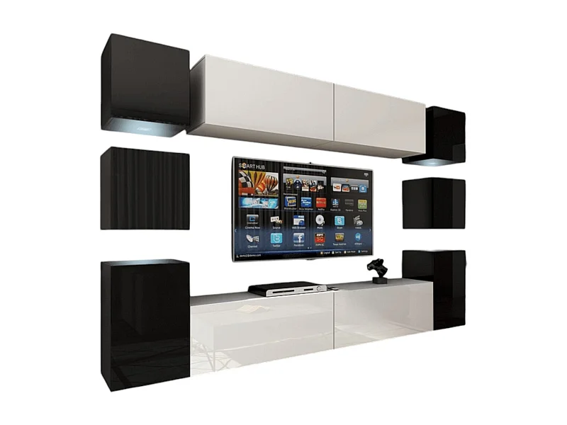 Ensemble de meubles de salon noir et blanc suspendus collection CEPTO XIV. 256cm, 10 meubles, 10 portes, leds