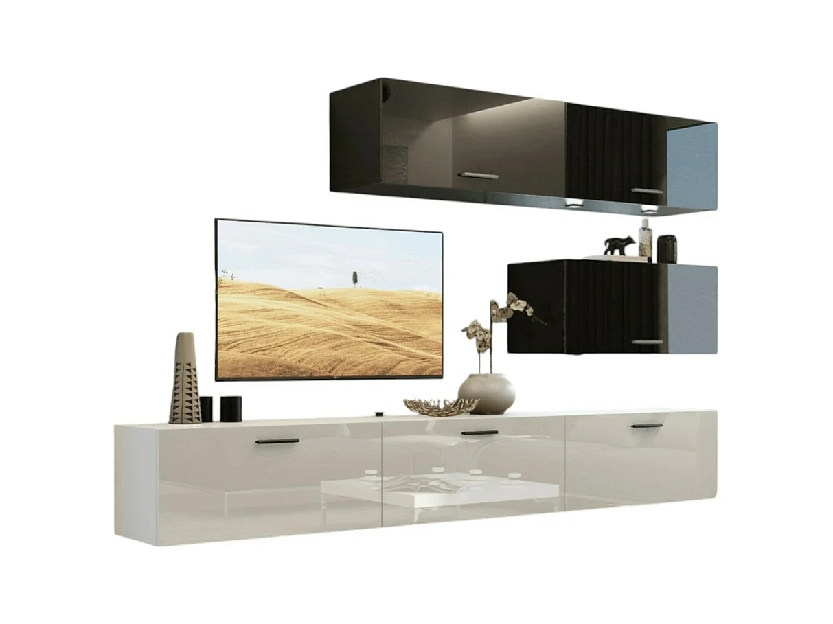 Zwart-witte salonmeubelset, zwevend, collectie CEPTO XXV. 249cm, 6 meubels, leds, modulair.