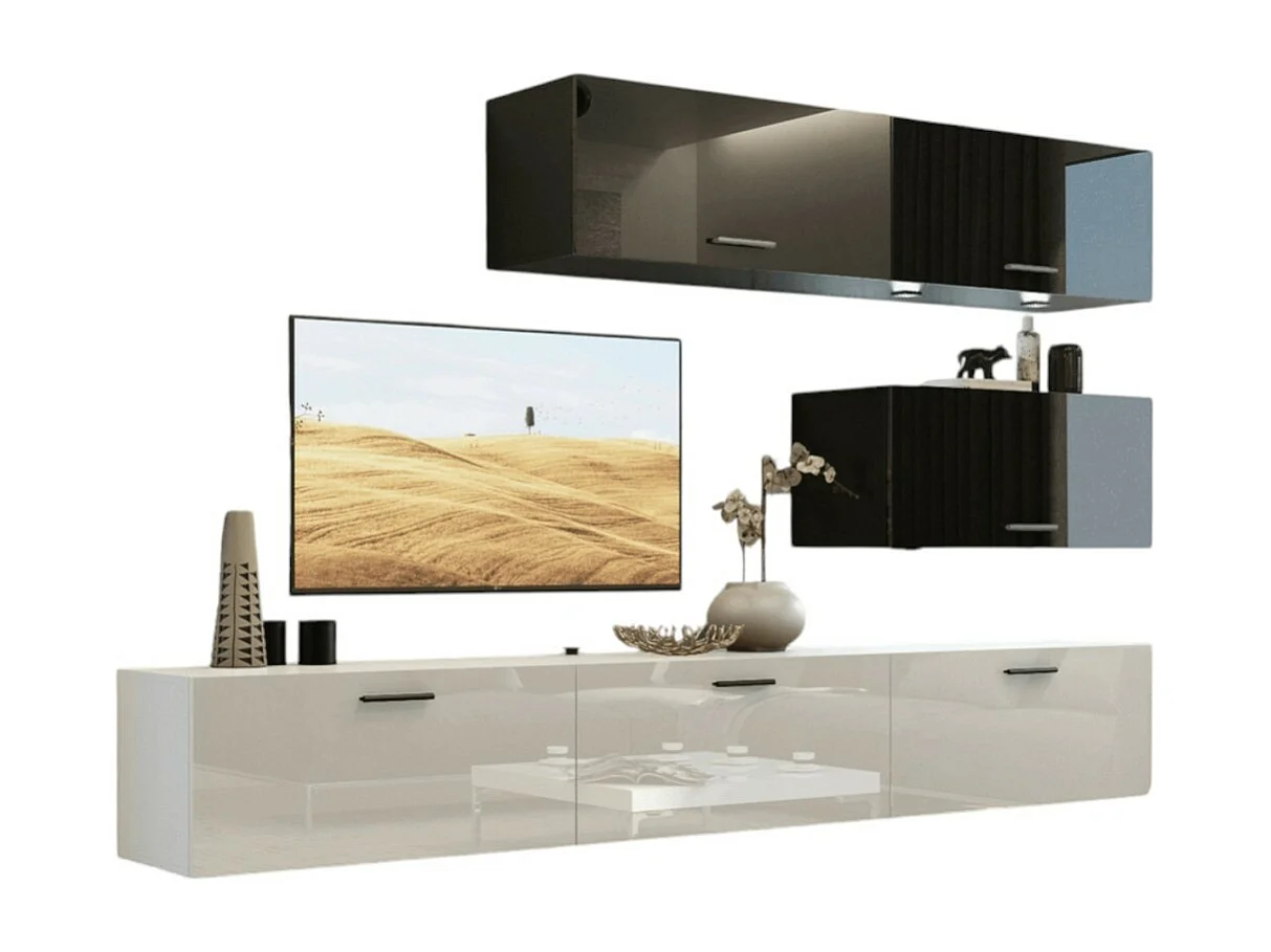 Conjunto de móveis para sala de estar preto e branco, suspensos, coleção CEPTO XXV. 249cm, 6 móveis, com LEDs, modulares.