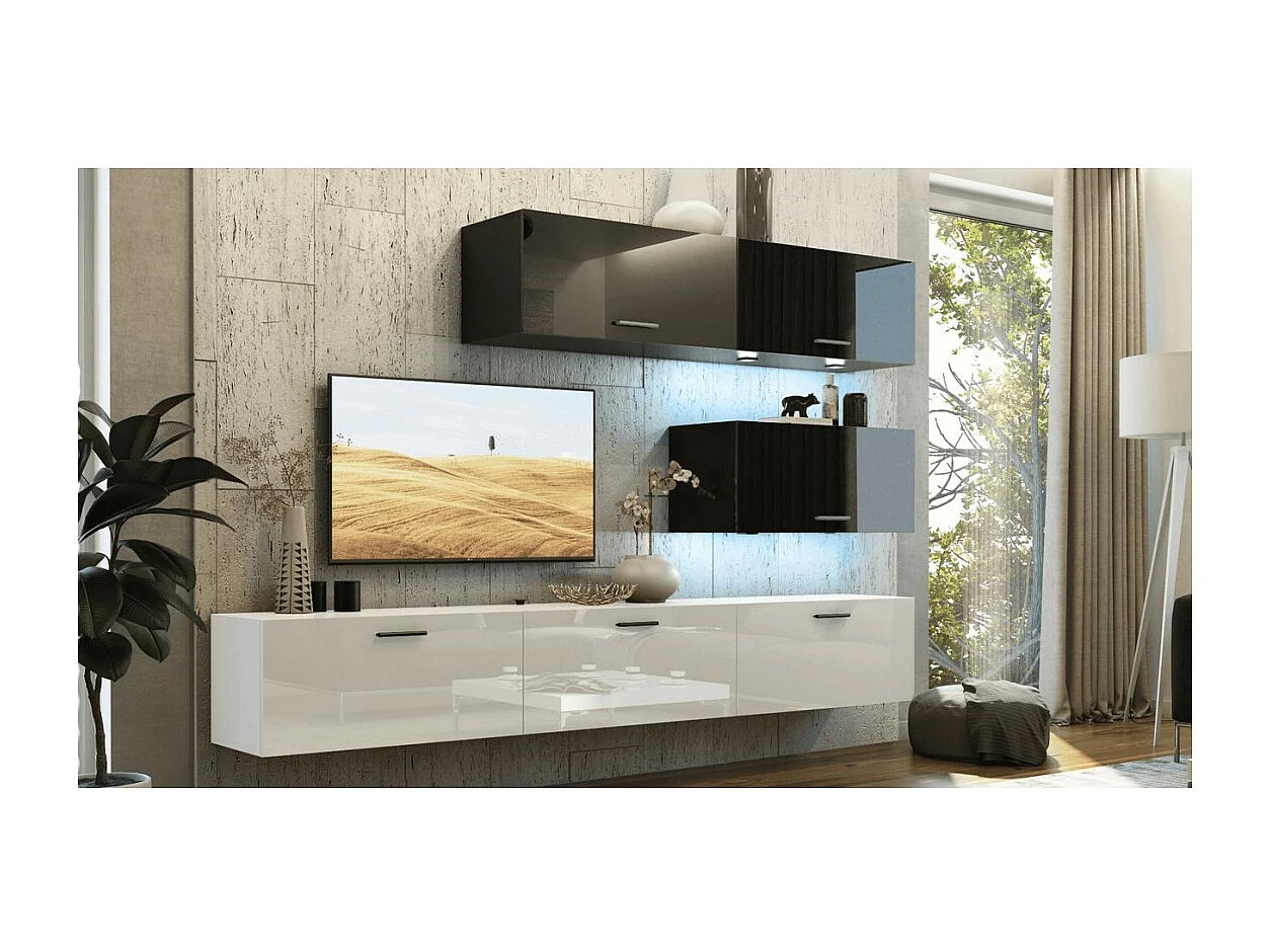 Conjunto de móveis para sala de estar preto e branco, suspensos, coleção CEPTO XXV. 249cm, 6 móveis, com LEDs, modulares.