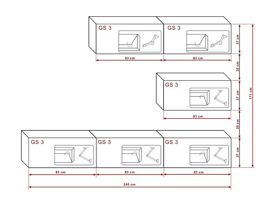 Conjunto de móveis para sala de estar preto e branco, suspensos, coleção CEPTO XXV. 249cm, 6 móveis, com LEDs, modulares.