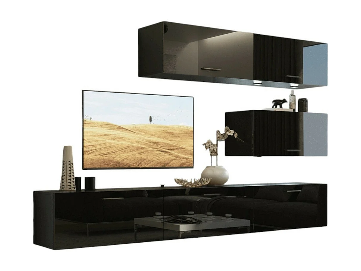 Set di mobili da soggiorno neri, sospesi collezione CEPTO XXV. 249cm, 6 pezzi, led, modulari.