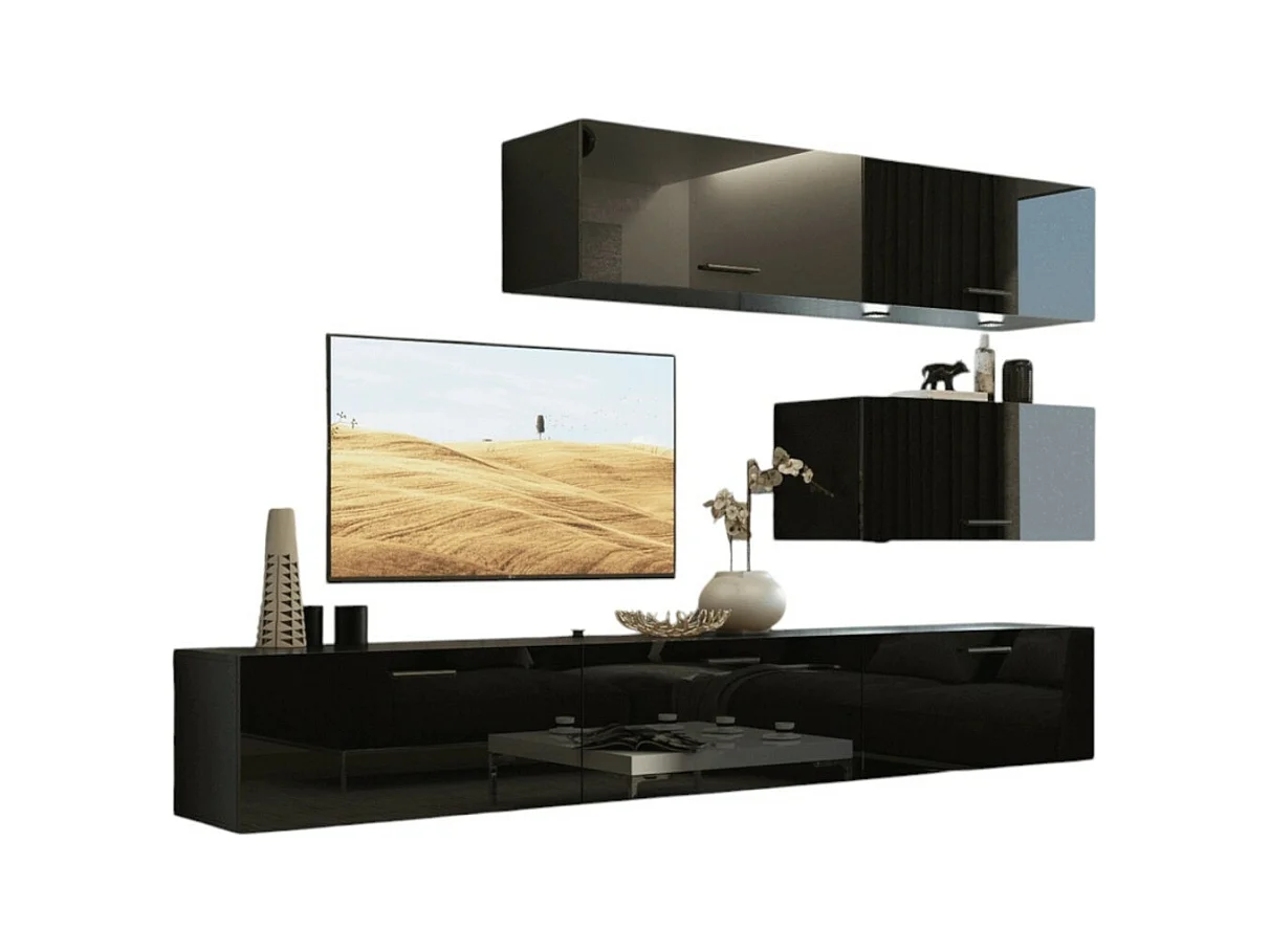 Zwarte woonkamer meubelset, hangend, collectie CEPTO XXV. 249cm, 6 meubels, leds, modulair.