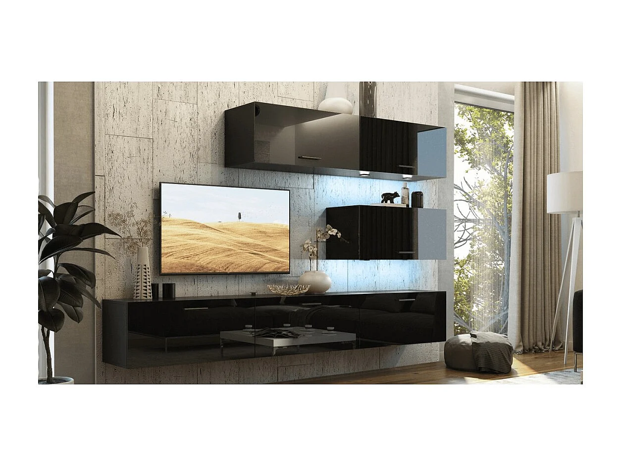 Zwarte woonkamer meubelset, hangend, collectie CEPTO XXV. 249cm, 6 meubels, leds, modulair.