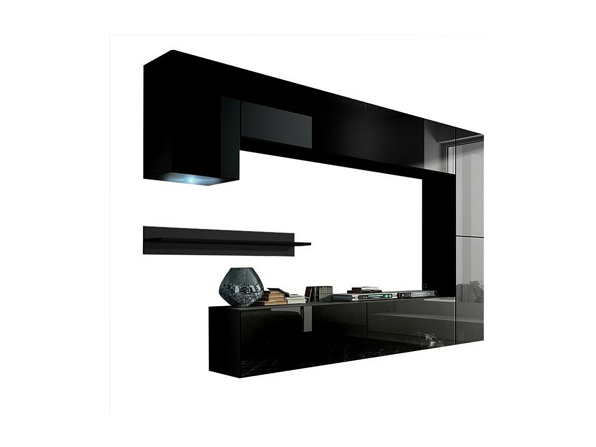 Schwarzes Hängewohnzimmermöbelset Kollektion CEPTO VI 256 cm, 7 Türen, 6 Regale, LEDs, modular