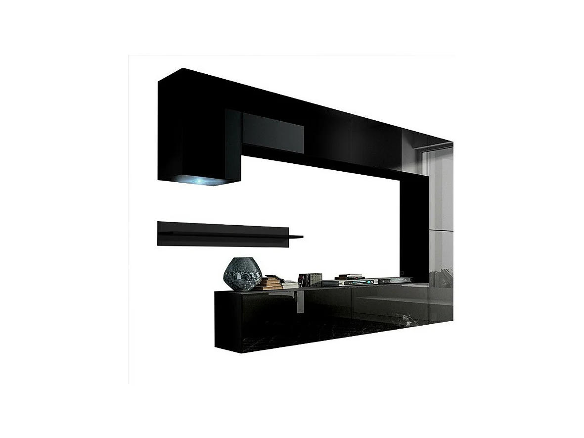 Zwarte hangende woonkamermeubelset collectie CEPTO VI 256 cm, 7 deuren, 6 planken, LED''s, modulair