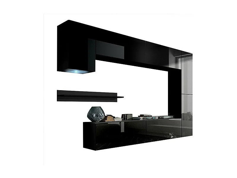 Zwarte hangende woonkamermeubelset collectie CEPTO VI 256 cm, 7 deuren, 6 planken, LED''s, modulair