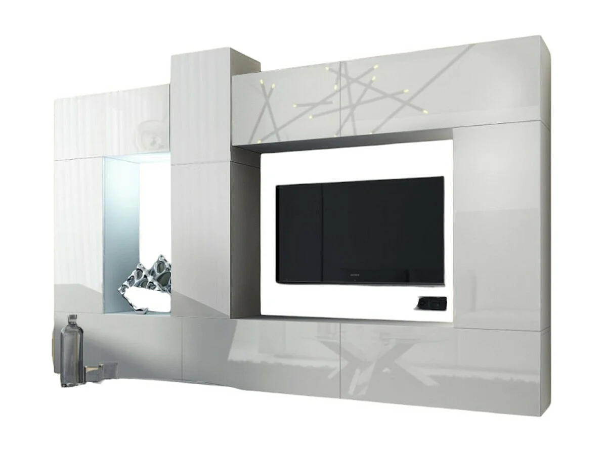 Conjunto de muebles de salón blancos colgantes colección CEPTO XXII. 273cm, 10 muebles, leds, modulares.