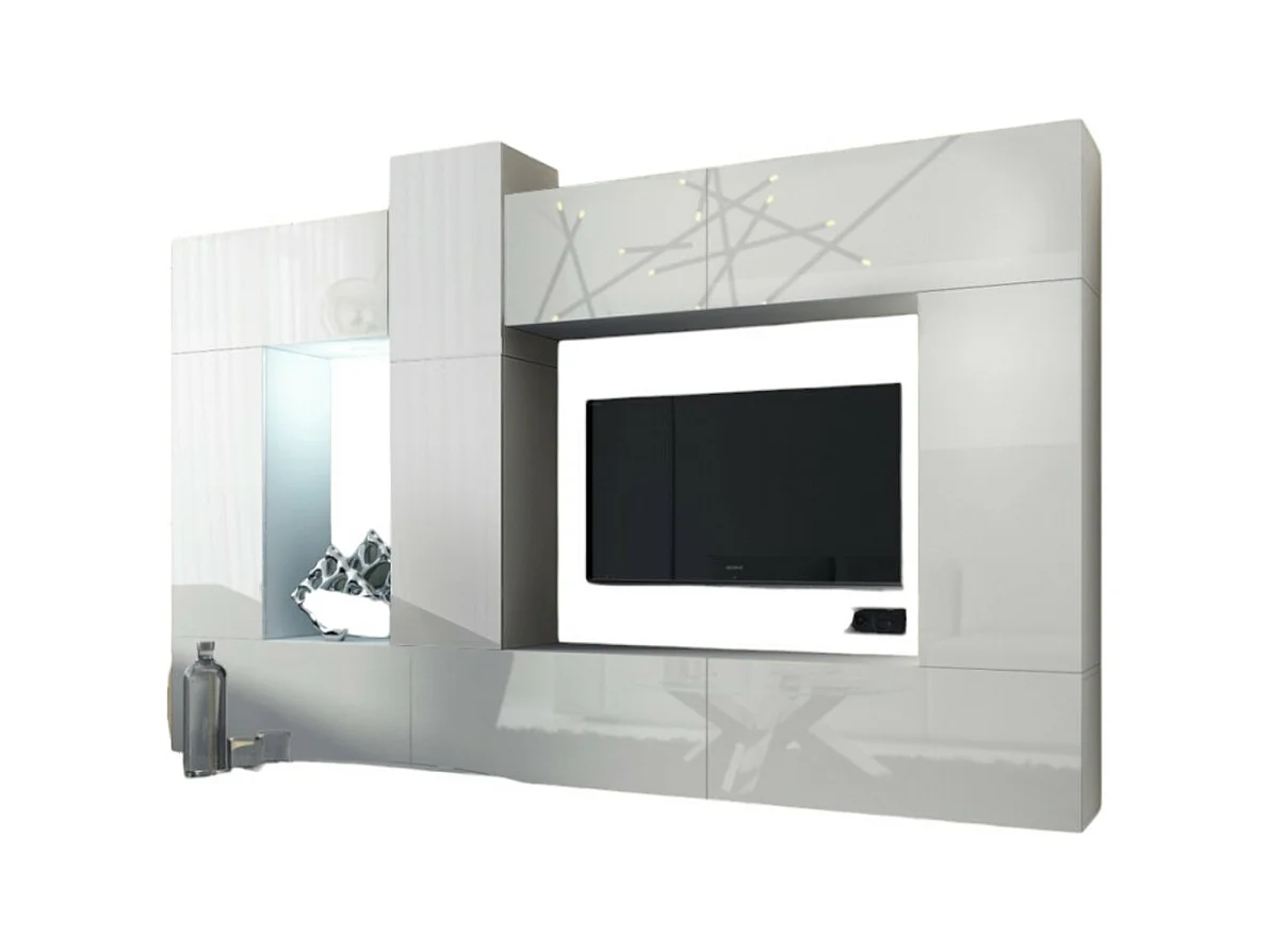 Ensemble de meubles de salon blanc suspendus collection CEPTO XXII. 273cm, 10 meubles, leds, modulables.