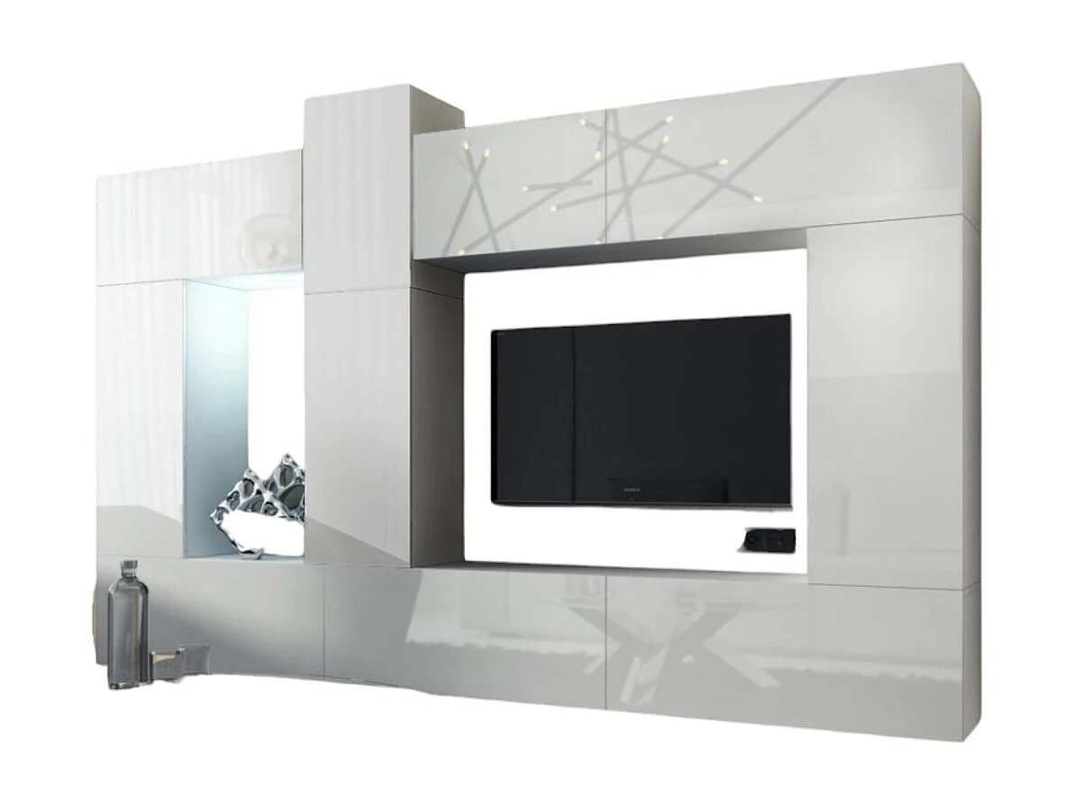 Ensemble de meubles de salon blanc suspendus collection CEPTO XXII. 273cm, 10 meubles, leds, modulables.