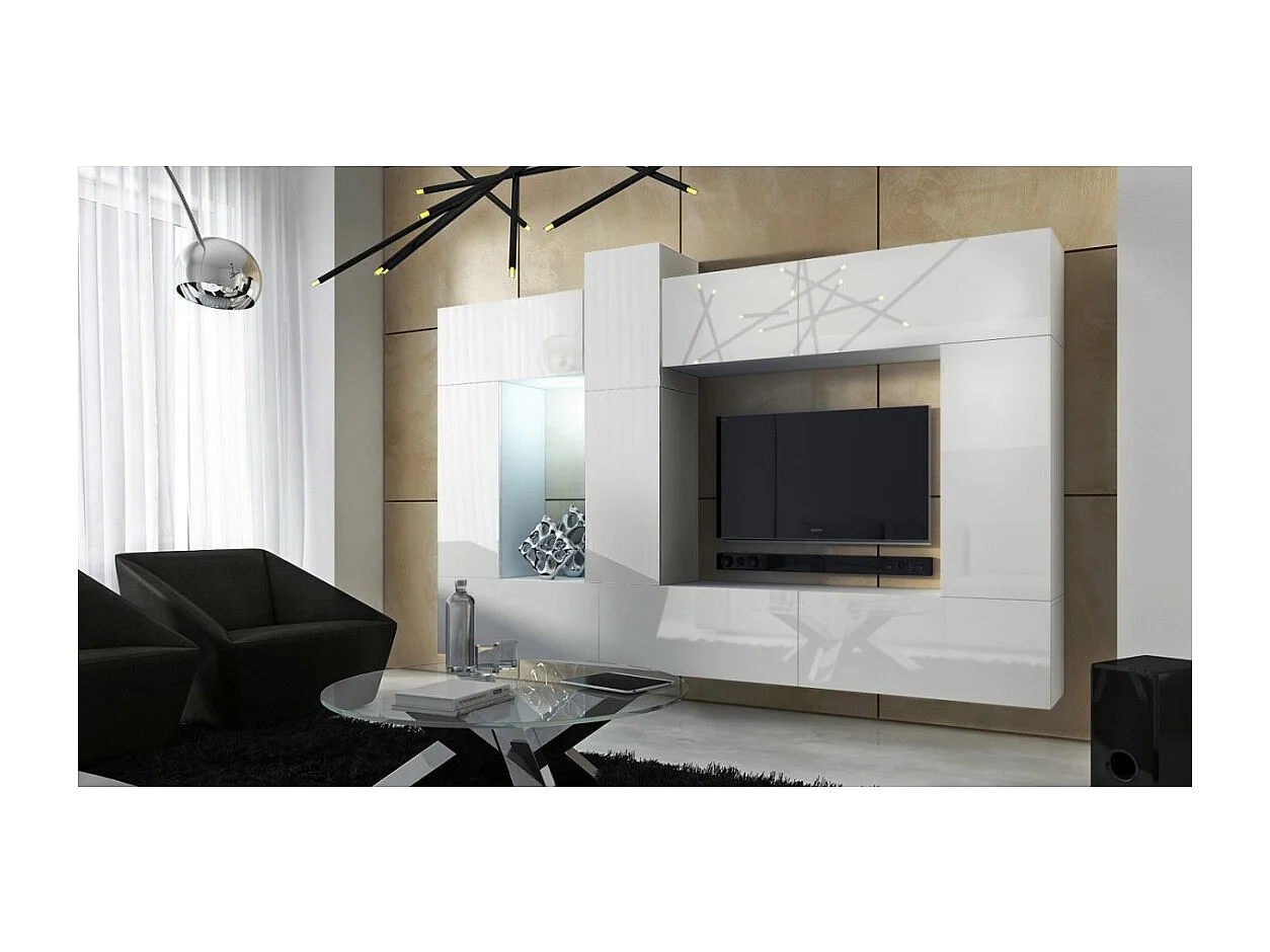 Ensemble de meubles de salon blanc suspendus collection CEPTO XXII. 273cm, 10 meubles, leds, modulables.