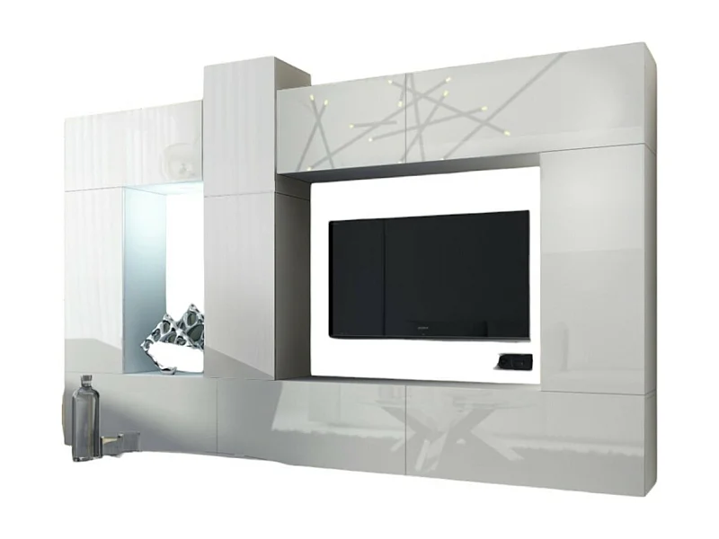 Ensemble de meubles de salon blanc suspendus collection CEPTO XXII. 273cm, 10 meubles, leds, modulables.