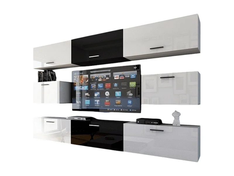 Ensemble de meubles de salon blanc et noir suspendus collection CEPTO VII 249cm, 8 portes, modulables. Milieu coloris noir