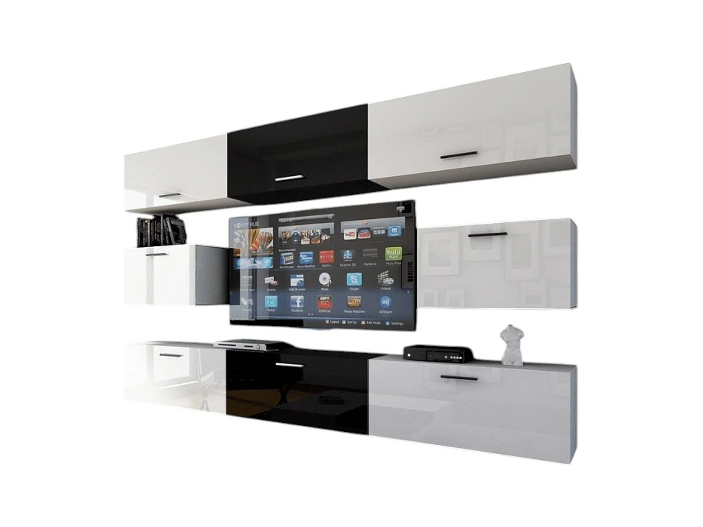 Ensemble de meubles de salon blanc et noir suspendus collection CEPTO VII 249cm, 8 portes, modulables. Milieu coloris noir