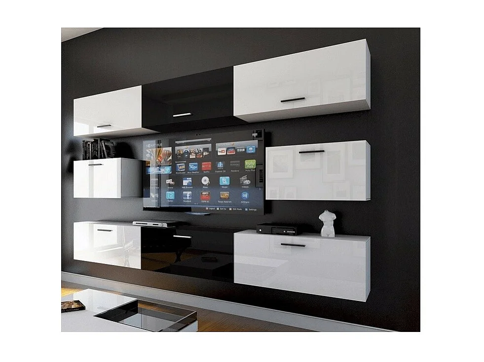 Woonkamer meubelset in wit en zwart, zwevende collectie CEPTO VII 249cm, 8 deuren, modulair. Middenstuk in zwart kleur.