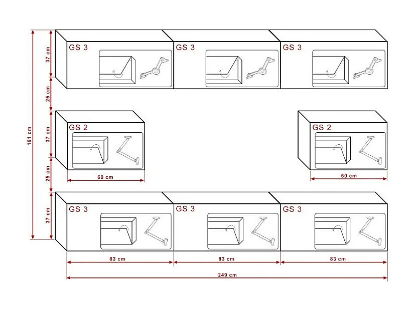 Woonkamer meubelset in wit en zwart, zwevende collectie CEPTO VII 249cm, 8 deuren, modulair. Middenstuk in zwart kleur.